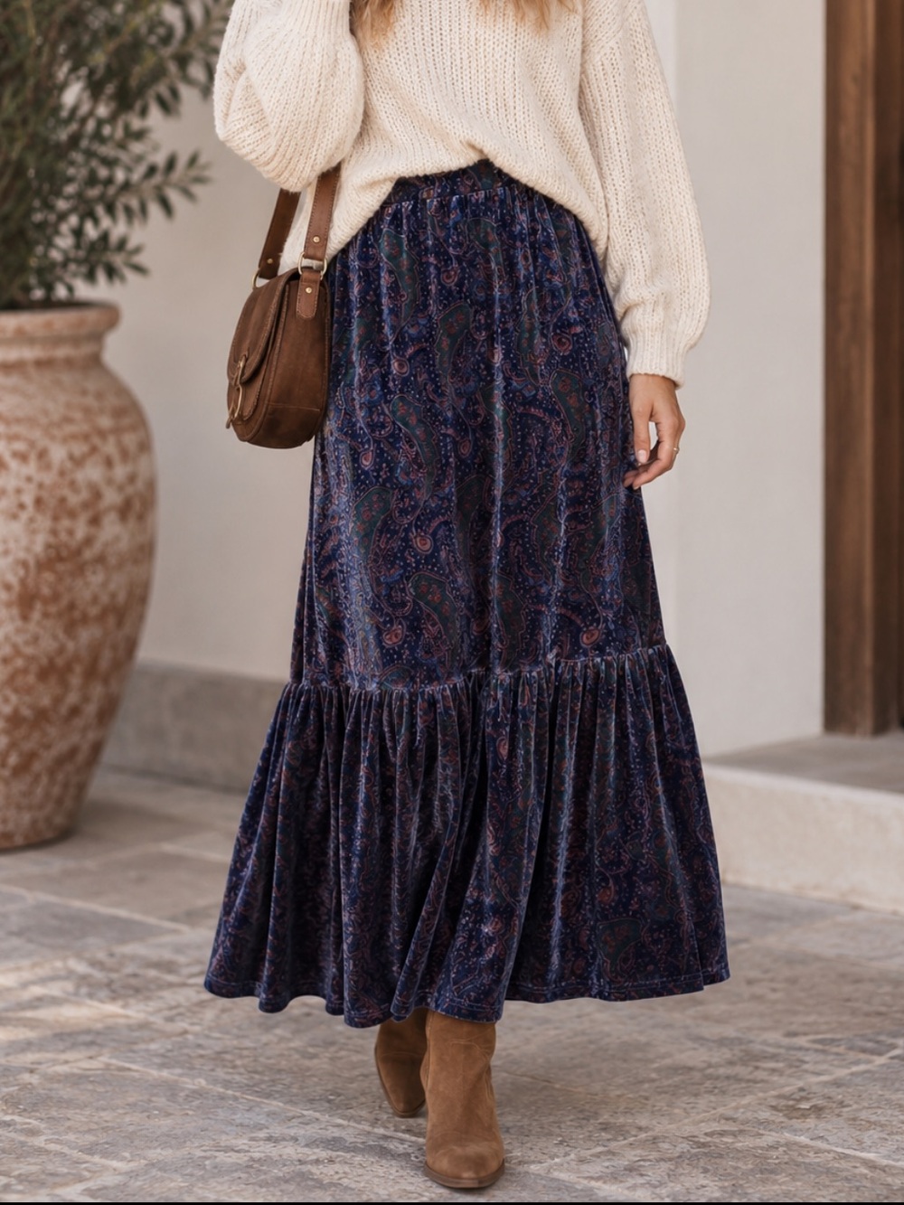 Edit Women’s Navy Paisley Tiered Velvet Maxi Skirt